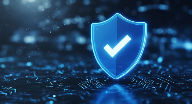 Glowing shield with checkmark on circuit board for security system promotion photo