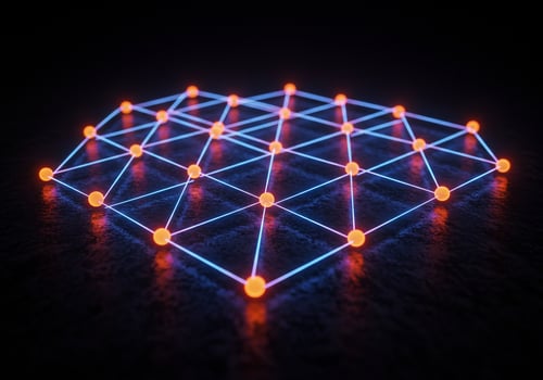 Glowing network of nodes and lines, futuristic data transfer, connections in dark photo