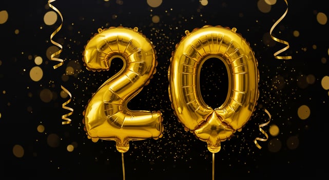 Gold balloon numbers '20' celebration, against a festive bokeh background photo