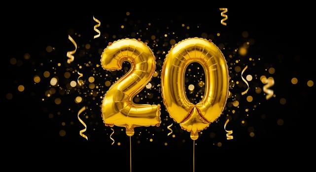 Golden balloons '20' shine on dark background with confetti. Celebration. Use card photo