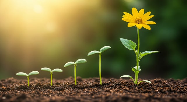 A yellow flower growing from a plant in the dirt photo