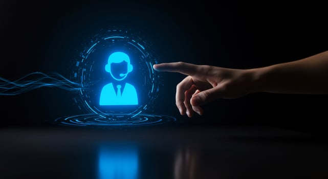 Hand activates customer service icon on dark backdrop, use as concept image photo