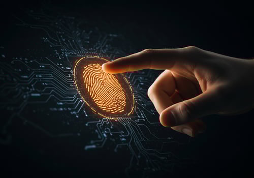 Hand authenticating fingerprint on touch screen for secure access, data technology photo