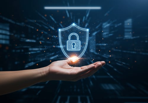 Hand holding a shield with a lock for cybersecurity, data protection concept photo