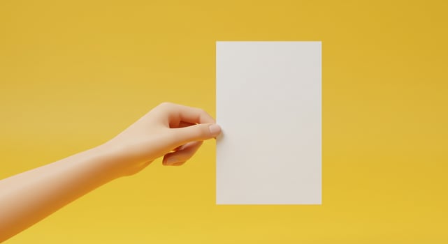 Hand Holding Blank White Paper on Yellow Background photo