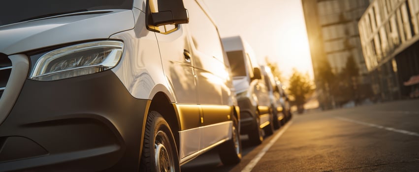 The lined delivery vans illuminated by morning sunlight in a bustling urban setting. photo