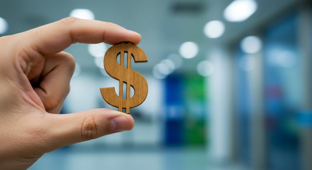 A person holding a wooden dollar sign in front of a blurry background photo