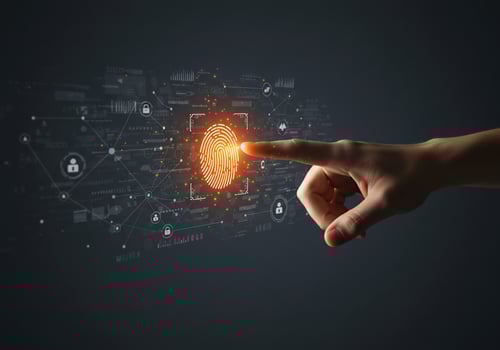 Hand touches fingerprint in data background. Biometric security scan access photo
