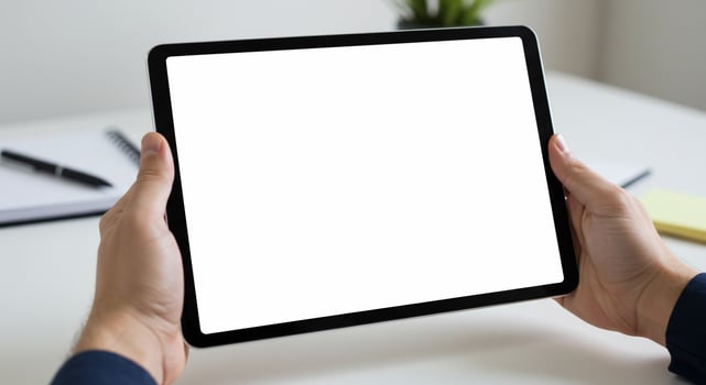 Hands Holding Digital Tablet With Blank Screen At Desk photo
