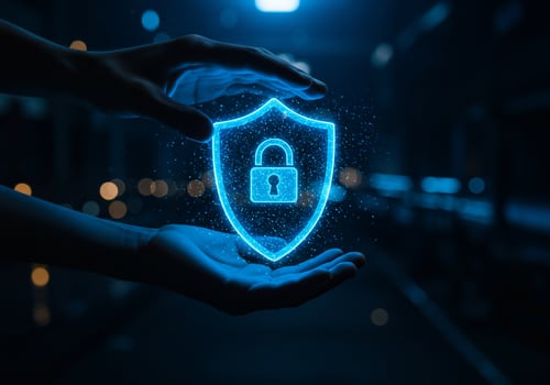 Hands protect digital shield lock against cyber threat in blurred city background photo