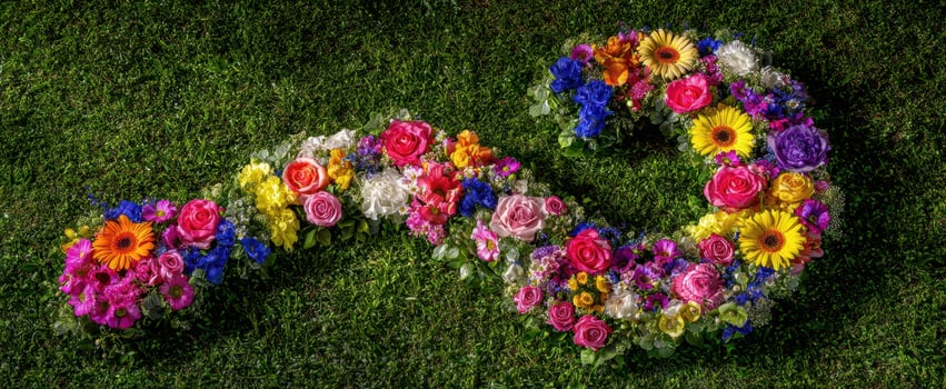 The colorful floral arrangement in a spiral pattern on lush green grass. photo