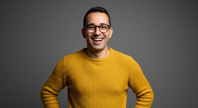 Happy Man in Yellow Sweater Smiling on Gray Background photo