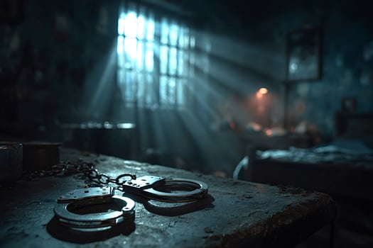 Handcuffs lying on table in dark interrogation room photo