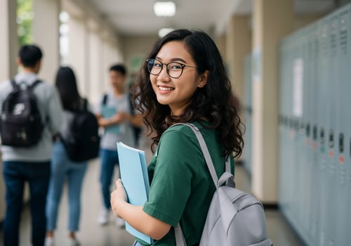 Asian female student with backpack and glasses standing in hallway photo