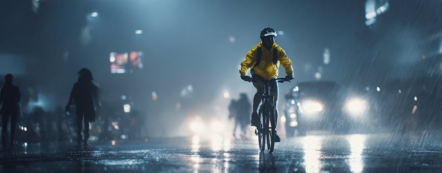 The cyclist navigating a rainy city street in vibrant yellow gear. photo