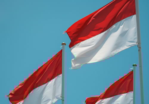 Indonesian flags waving freely against bright blue sky. Freedom and identity photo