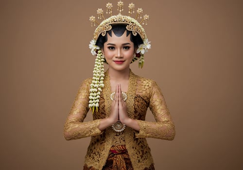Javanese bride in traditional dress offering a blessing on a plain brown backdrop photo