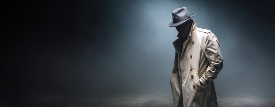The mysterious detective emerges from shadows in stylish trench coat. photo