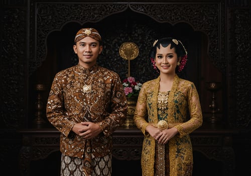 Javanese couple dressed in traditional wedding attire poses during a ceremony photo