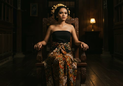 Javanese woman in traditional attire seated regally in a dark, ornate setting photo