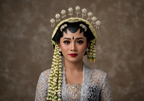 Javanese Bride wearing traditional wedding attire with flower ornamentation background photo