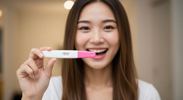 A woman holding a pink and white thermometer photo