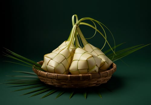 Ketupat in basket, on green backdrop. Festive treat for holiday celebration photo