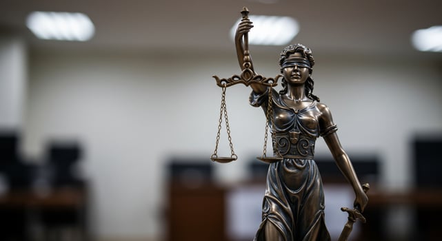Justice statue with scales of balance in courtroom. Background lawyers, work photo