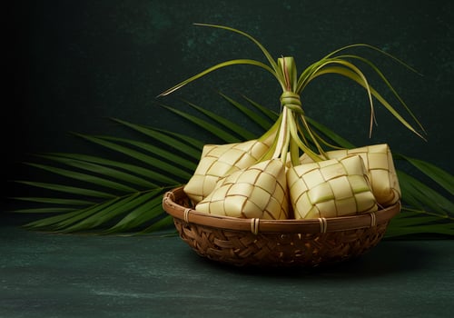 Bamboo baskets filled with rice and leaves photo