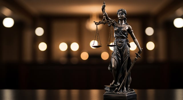 Lady Justice statue holds scales in a dark office, symbol of law and justice photo