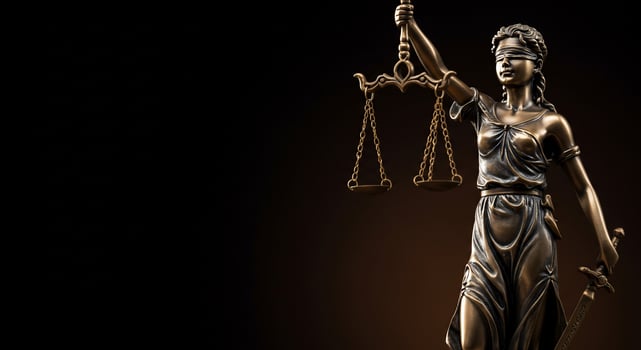 Lady Justice statue holds scales and sword representing law with dark background photo