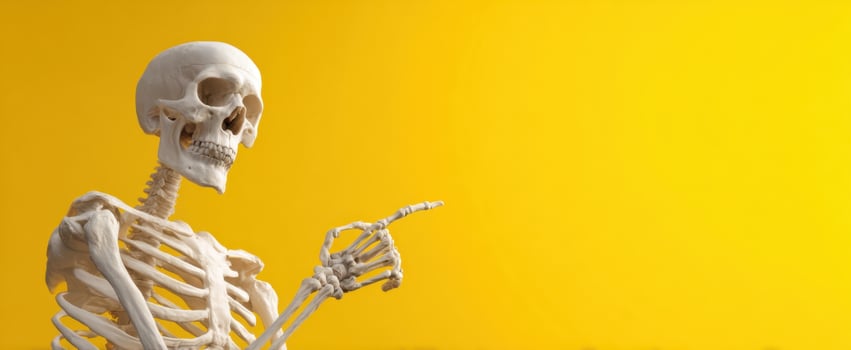 The playful skeleton pointing against a vibrant yellow background. photo