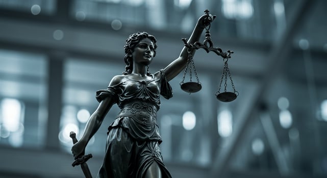 Law statue holding scales in courthouse hall shows justice legal concept photo