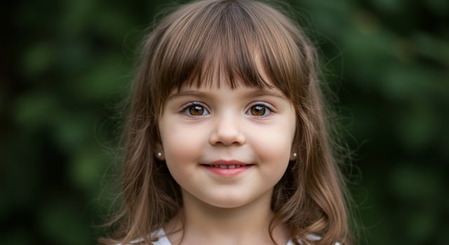 Little girl smiles happily, posing for a portrait with a blurred green background photo