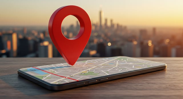 Location Pin on Smartphone Map with City Background photo