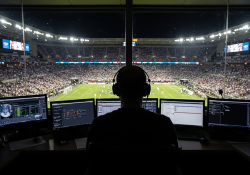 Man broadcasting a soccer game, in a stadium, with fans in the background photo