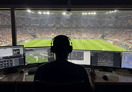 Man broadcasting a soccer game live, editing, in a booth with crowd background photo