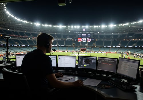 Man editing live broadcast of sports from media box overlooking stadium field photo