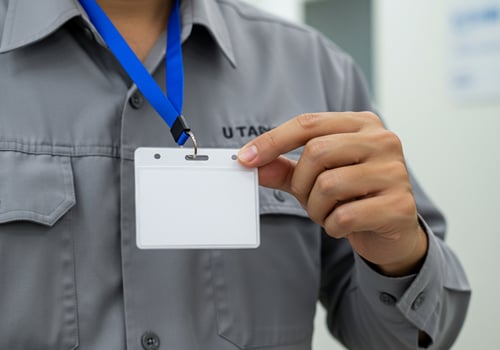 Man holds up blank ID badge at work, security background, business use photo
