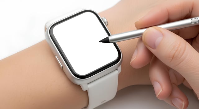 Blank smartwatch band worn mockup, tapping screen with stylus, isolated close-up photo