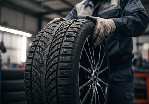 Mechanic changes tire at shop, maintenance background, car servicing concept photo