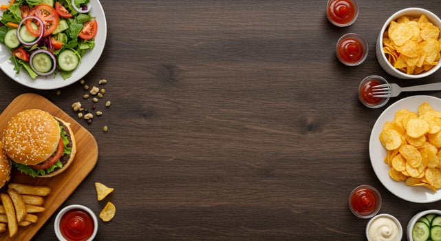 Meal of burger, fries, salad, and chips on a wooden background for menu photo