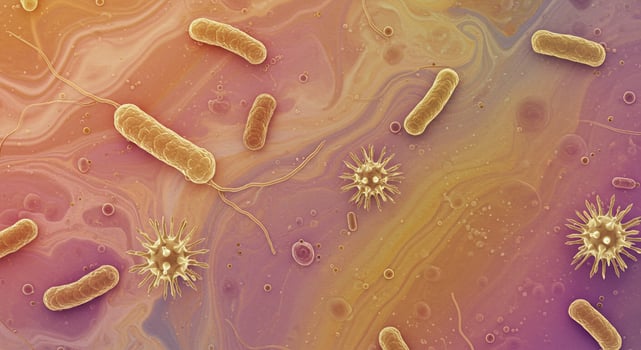 Microscopic view of bacteria and viruses in abstract fluid. Science, education photo