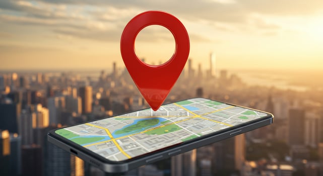 Mobile GPS Navigation with City Skyline Background at Sunset photo
