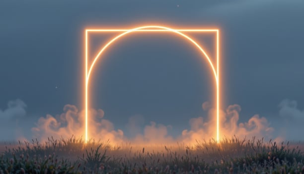 a minimalist glowing frame arch, clean and geometric, standing in a field of mist. photo