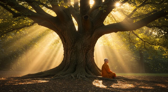 Monk Meditates Under a Majestic Tree at Sunrise photo