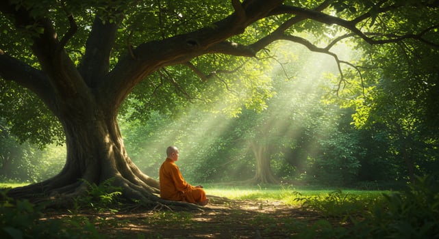 Monk Meditates Under a Sacred Tree in Peaceful Forest photo
