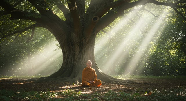 Monk Meditates Under Ancient Tree in Sunlit Forest photo