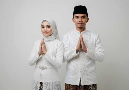 Muslim Couple Greeting, Eid Mubarak Celebration, Isolated on Background for Greeting Cards photo