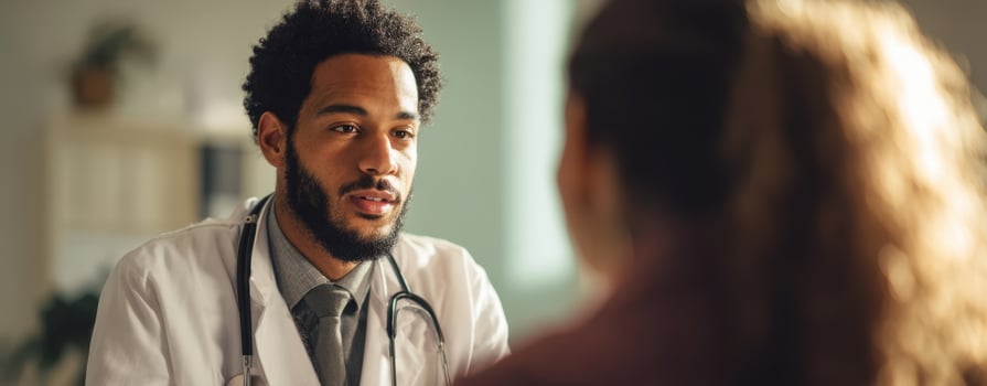 The doctor engages in a meaningful consultation with a patient in a modern office setting. photo